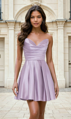 A woman stands outdoors in front of a beige building with arches, wearing the mauve Short Strapless Sweetheart Hoco Dress 4914BN, featuring a ruched waist.