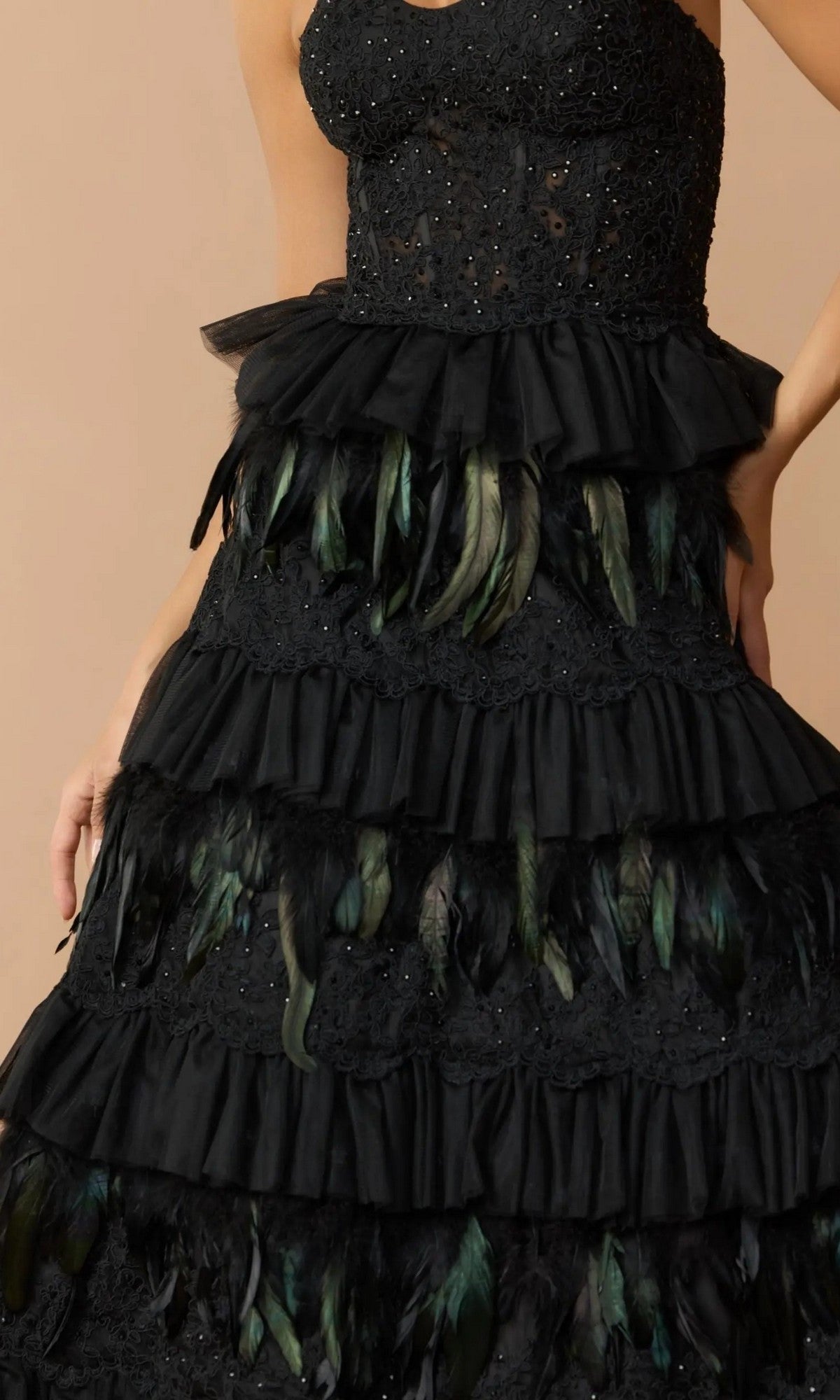 Mac Duggal Strapless Tiered Lace and Feather Gown
