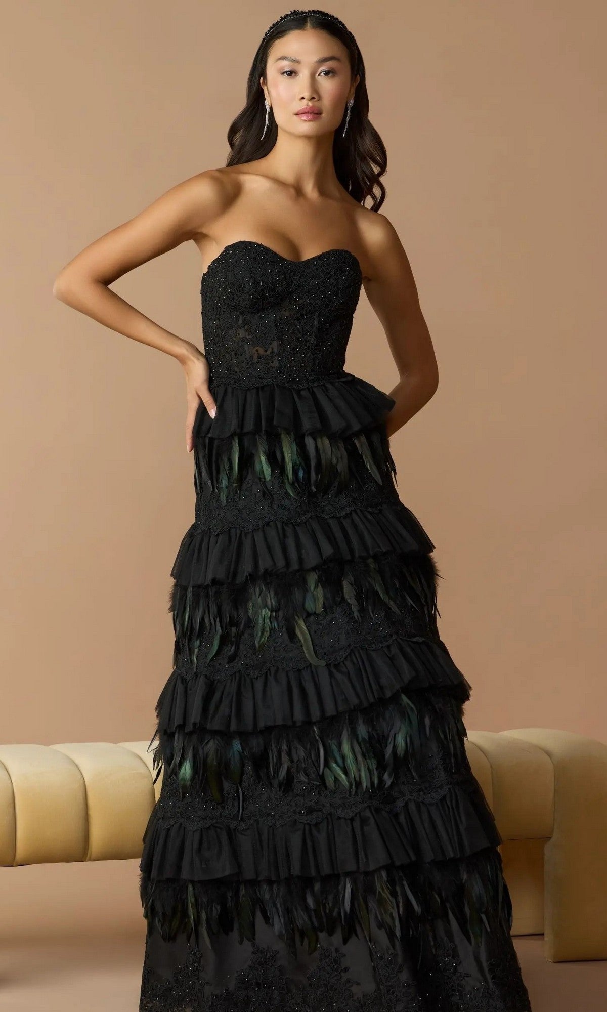 Mac Duggal Strapless Tiered Lace and Feather Gown - Black