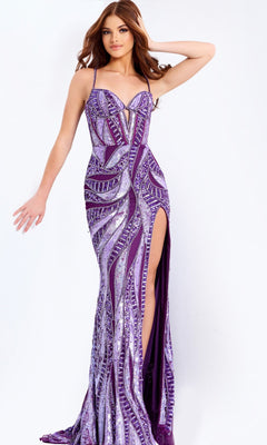 A woman poses against a plain white background wearing the Jovani 49228 Long Prom Dress in dark purple multi, featuring a fitted, floor-length sleeveless design with intricate silver embellishments and a high leg slit.