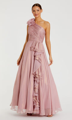 green emerald velvet dress Mac Duggal Iridescent One-Shoulder Ruffled Gown - Rose Gold (Pink)