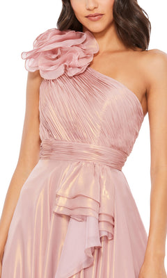open lace back dress Mac Duggal Iridescent One-Shoulder Ruffled Gown - Rose Gold (Pink)