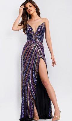 A woman poses in the Jovani 49270 long prom dress, featuring a strapless deep V-neck, thigh-high slit, and striking geometric beaded patterns in purple/multi sequins.