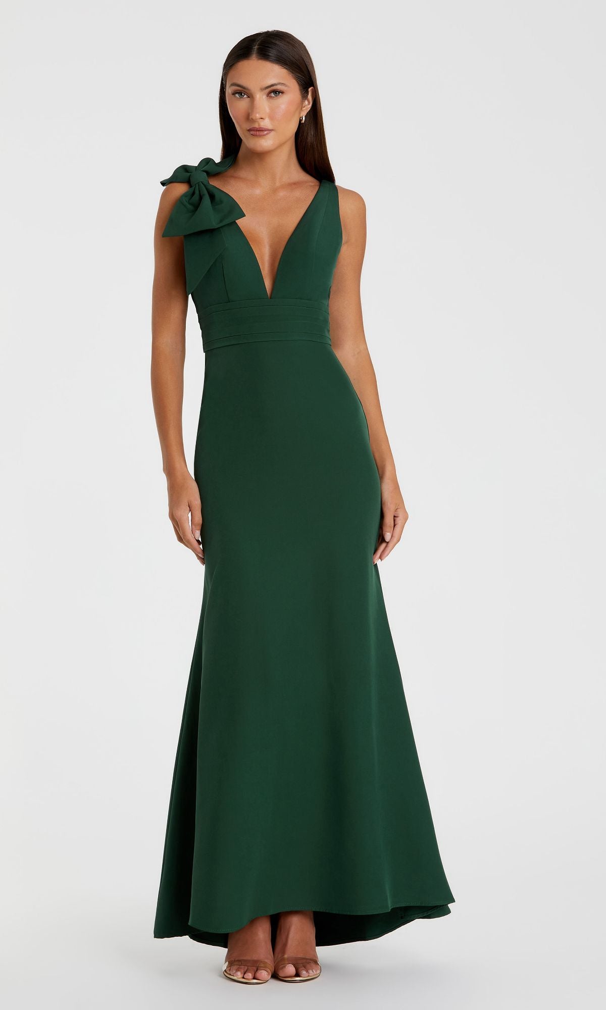 Deep V-Neck Long Prom Dress with Shoulder Bow