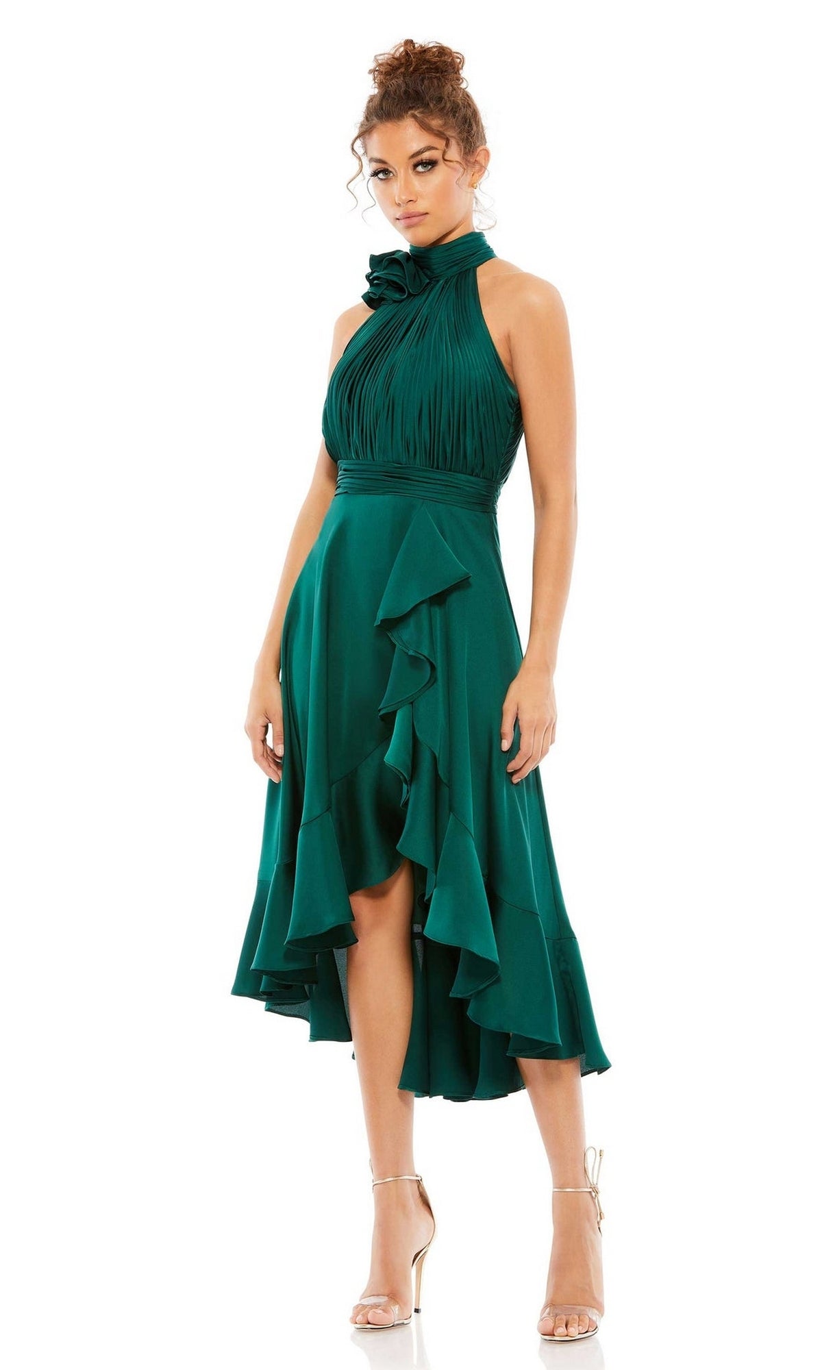 Mac Duggal Halter Neck Flower Detail Ruffled Midi Dress - Emerald Mac Duggal Halter Neck Flower Detail Ruffled Midi Dress - Emerald