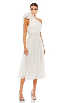 Woman wearing the Knee-Length White Party Dress: Mac Duggal 49491, a one-shoulder style with bold floral detail and silver heels—perfect for any special occasion.