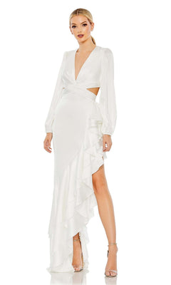 A woman wearing the Mac Duggal 49524 long sleeve high-low party dress with a deep V-neck, side cutouts, ruffled asymmetrical skirt, and high-heeled sandals.