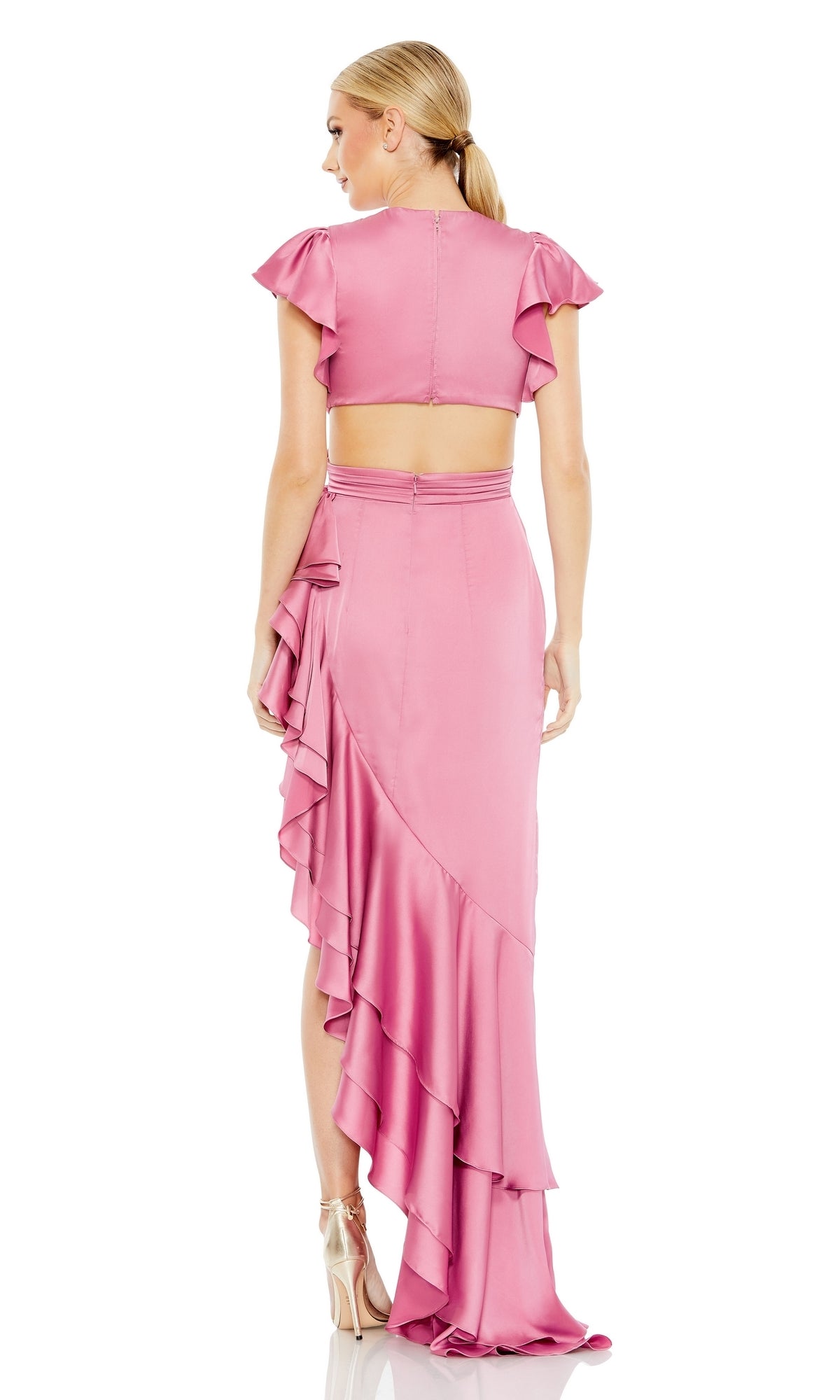 Mac Duggal - Flutter Sleeve Cut Out Asymmetrical Ruffled Gown - Raspberry Mac Duggal - Flutter Sleeve Cut Out Asymmetrical Ruffled Gown - Raspberry