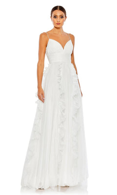 Model wearing Ruffled Long White Formal Dress 49533 featuring thin straps, a fitted bodice, v-neckline, and ruffled skirt details, posed against a plain white background.