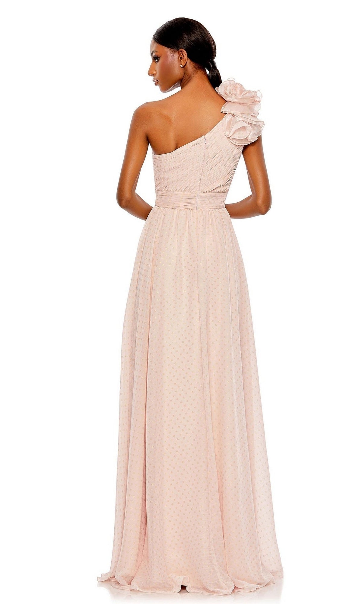 Pleated Long Formal dress with One-Shoulder Rosette PromGirl Pleated Long Formal dress with One-Shoulder Rosette PromGirl