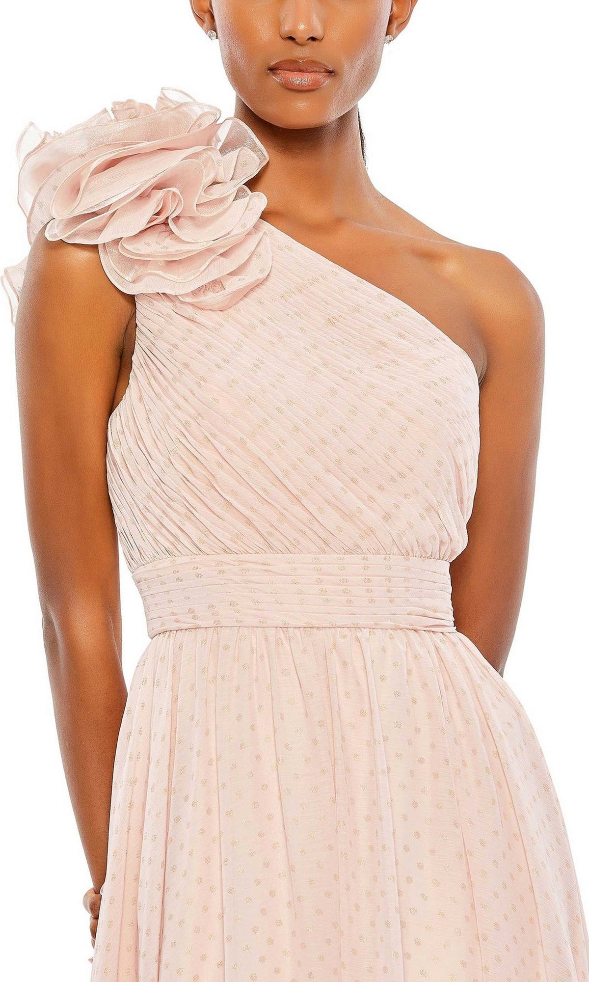 A woman wears the Mac Duggal 49536: a light pink, one-shoulder long formal dress with pleats, ruched bodice, polka dot pattern, and a large shoulder ruffle—ideal as a bridesmaid dress or elegant evening gown.