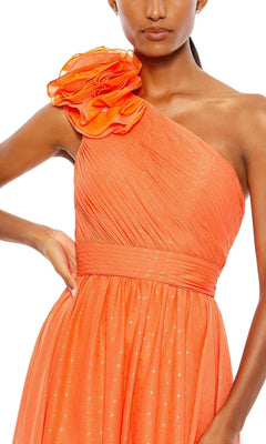 A woman wears the Mac Duggal 49536, a one-shoulder orange pleated long formal dress with ruffled shoulder detail and fitted waistband—perfect as a bridesmaid dress.