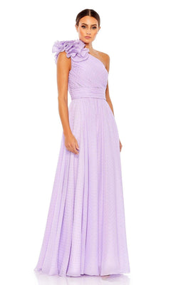 A woman in the Mac Duggal 49536 One-Shoulder Long Formal Dress, light purple with a dramatic ruffle detail and a flowing floor-length skirt.