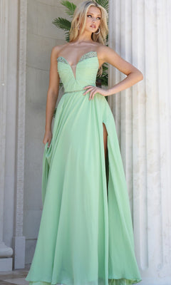 A woman wearing the Jovani 49536 long formal dress in light green chiffon, featuring a sweetheart neckline and side slit, stands in front of white columns and greenery.