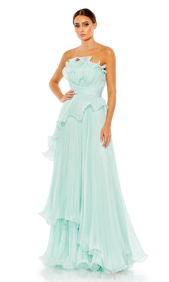 A woman stands against a white background wearing the Long Formal Dress 49537 by Mac Duggal, a light blue strapless gown with an empire waist, pleated A-line skirt, and ruffled accents.