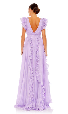 Woman wearing the Mac Duggal Ruffle-Sleeve Long Formal Dress 49539—a floor-length, light purple gown with ruffled sleeves, a deep V-back, and cascading ruffles down the back and skirt for a stunning formal look.