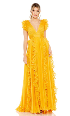 A woman poses against a white background wearing the Mac Duggal Ruffle-Sleeve Long Formal Dress 49539, a floor-length bright yellow gown featuring ruffled sleeves and cascading ruffle details.