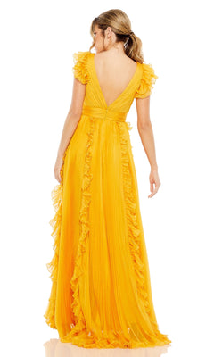 A woman faces away, wearing the Mac Duggal Ruffle-Sleeve Long Formal Dress 49539 in yellow, featuring ruffled sleeves and trim, a V-shaped back, pleated fabric, and a floor-length silhouette.