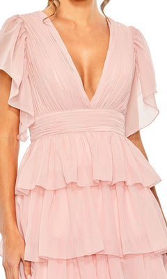 A woman wearing the Mac Duggal 49595 Flutter-Sleeve Long Formal Dress in light pink, featuring layered ruffles, short flutter sleeves, and a deep V-neckline.