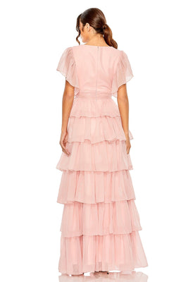 Woman shown from behind in the Mac Duggal 49595 Flutter-Sleeve Long Formal Dress, featuring layered ruffle tiers and short, sheer flutter sleeves in light pink.