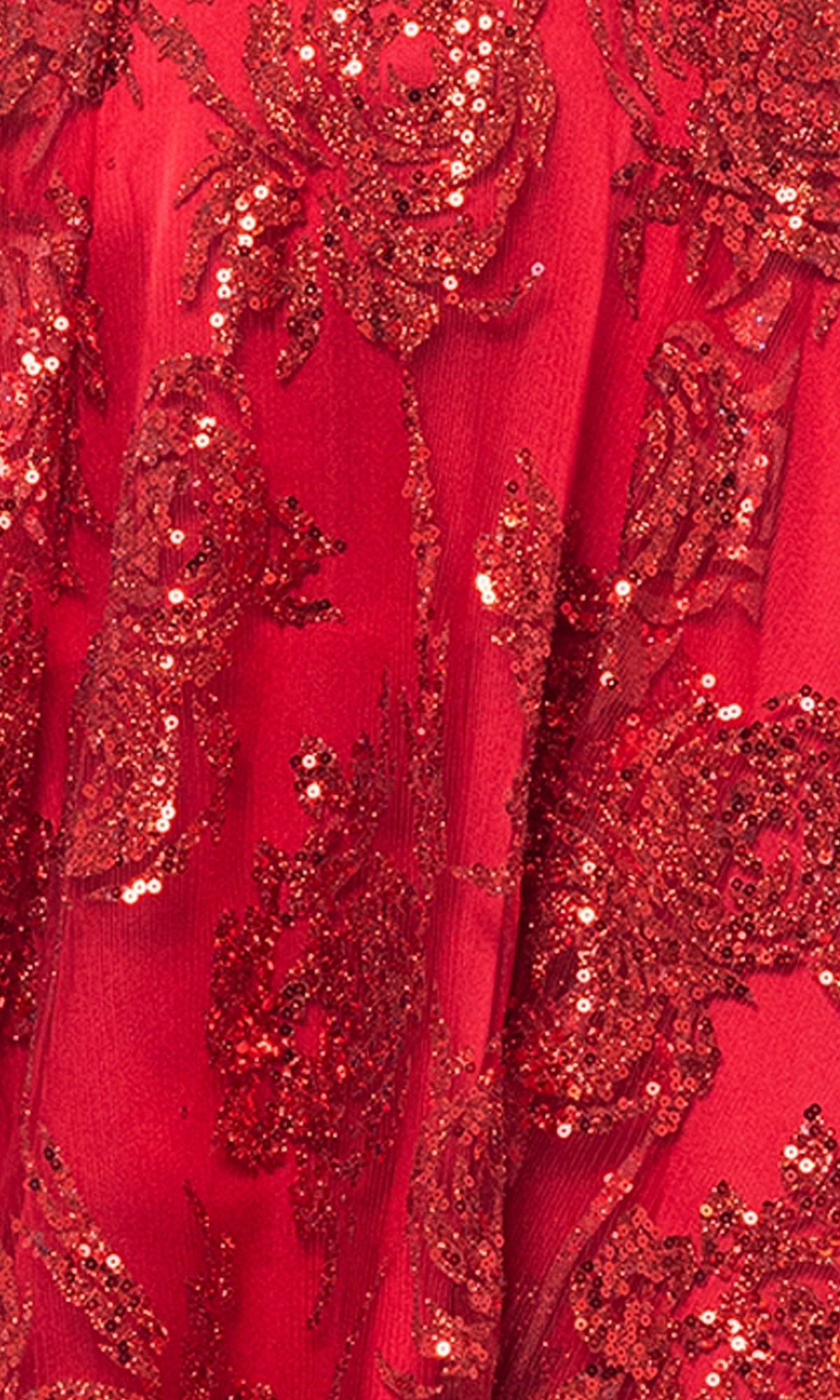 Close-up of the Short Red Glitter Homecoming Dress 4960BN, featuring a sparkling surface with floral sequin patterns for a textured, eye-catching look.