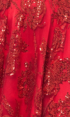 Close-up of the Short Red Glitter Homecoming Dress 4960BN, featuring a sparkling surface with floral sequin patterns for a textured, eye-catching look.