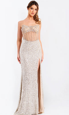A woman models the Jovani 49611 Long Prom Dress, a sleeveless, floor-length sequin corset gown with a high slit, adjustable lace-up back, and sheer crystal-beaded bodice, standing against a plain white background.