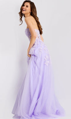 A woman models the Jovani 49656, a strapless lavender lace long prom dress with a sweetheart neckline, smiling as she stands sideways against a plain white background.