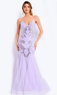 A woman poses against a plain white background wearing the Jovani 49660 Long Prom Dress in lilac/silver, a floor-length gown with thin straps, sleeveless design, and sparkling beaded embellishments.