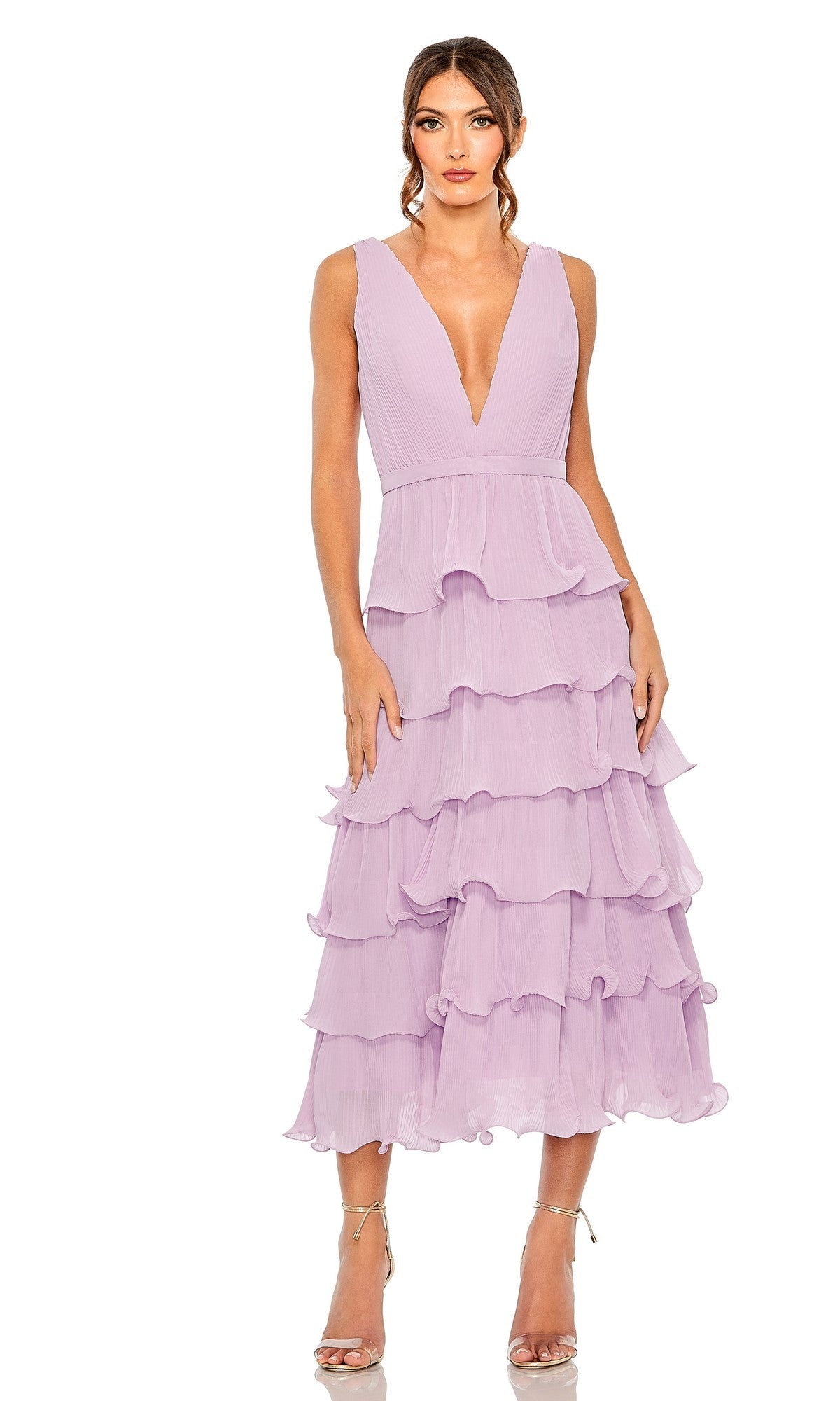 Mac Duggal Women's Deep V Chiffon Sleeveless Ruffle Midi Dress - Purple - Size 14