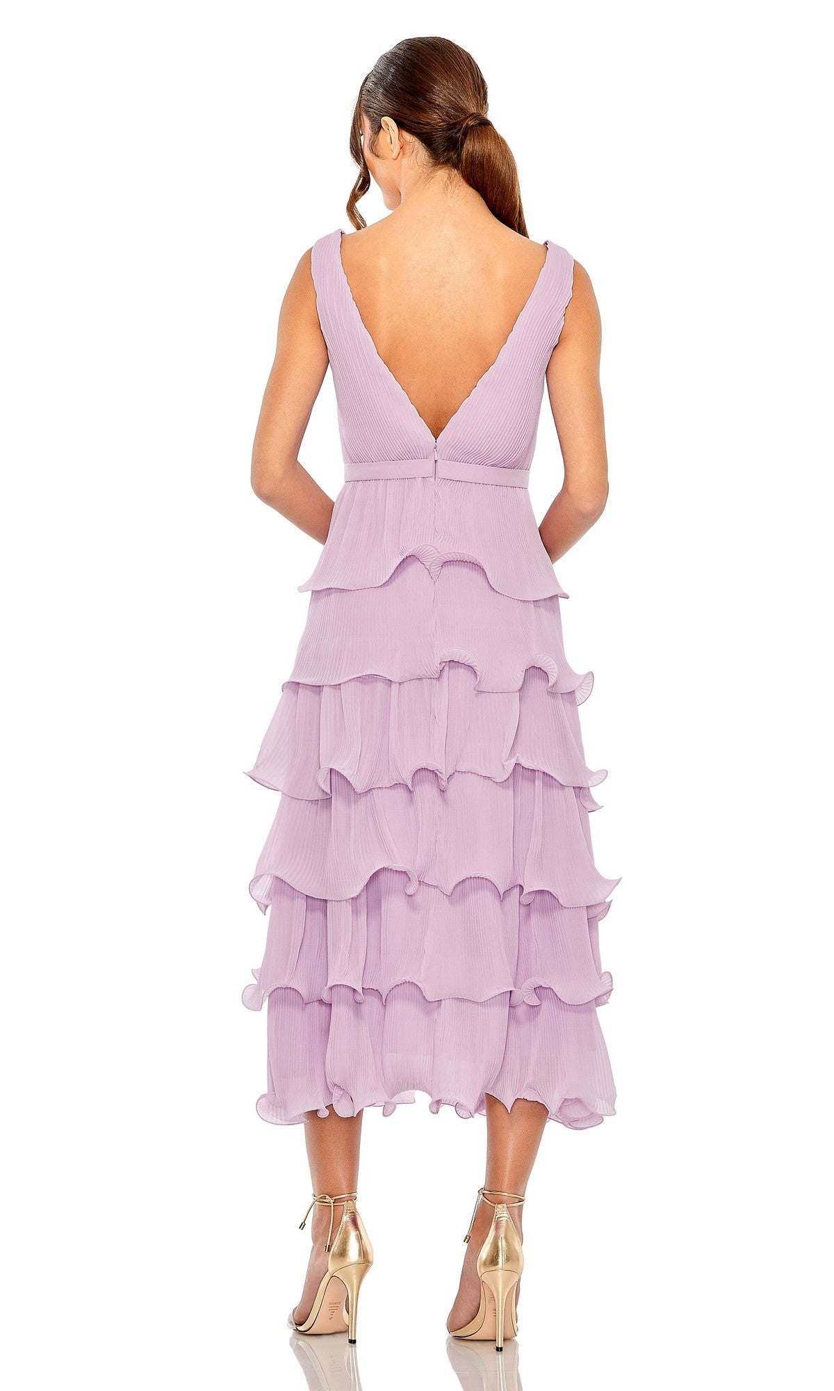 Mac Duggal Women's Deep V Chiffon Sleeveless Ruffle Midi Dress - Purple - Size 14 - Orchid Mac Duggal Women's Deep V Chiffon Sleeveless Ruffle Midi Dress - Purple - Size 14 - Orchid