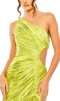 A woman models the Long Formal Dress 49683 by Mac Duggal in lime green, featuring a one-shoulder design, pleated skirt, and side cut-out, shown from shoulders to hips against a white background.