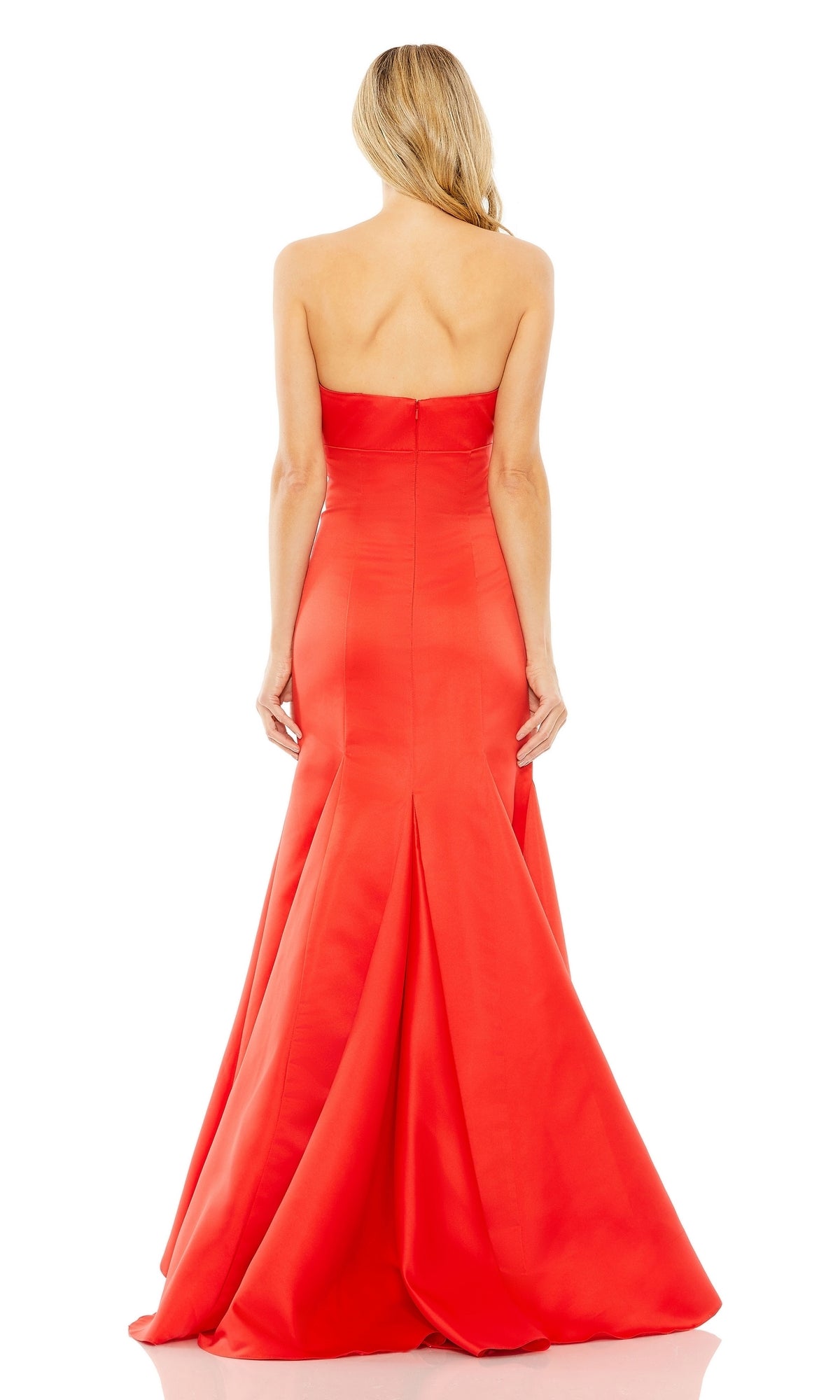 A woman models the Mac Duggal 49701 Strapless Mermaid Formal Dress, shown from the back in a floor-length red gown against a plain white background.