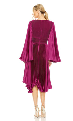 A woman in the Mac Duggal 49717 Berry Red Wedding Guest Dress faces away, showcasing its flared sleeves and elegant pleats. Her blonde hair is styled in a low ponytail and she completes the look with heels.