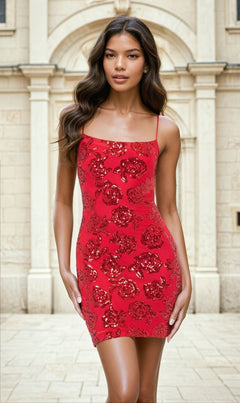 A woman stands outdoors in front of a classical stone building, wearing the Cut-Out Short Red Glitter Hoco Dress 4971BN.