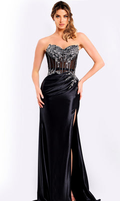 A woman models the Jovani 49720 long prom dress—black, strapless, with a sheer crystal-beaded bodice and satin skirt with high slit—posed against a plain light background.