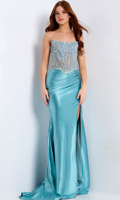 A woman wearing the Jovani 49721 Long Prom Dress—a strapless, light blue satin gown with a beaded corset bodice and thigh-high slit—stands against a plain white background.