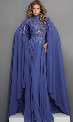 Wearing the Jovani 49742—a floor-length, royal formal dress featuring chiffon fabric, sequin embellishments, and dramatic embellished cape sleeves—a woman stands poised against a plain gray background, showcasing an elegant mother-of-the-bride look.