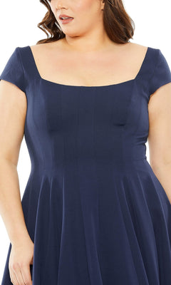 A person wearing a short-sleeve, square-neck, dark blue Mac Duggal Plus-Size Simple Long Formal Dress 49783W. The image is cropped from shoulders to waist.