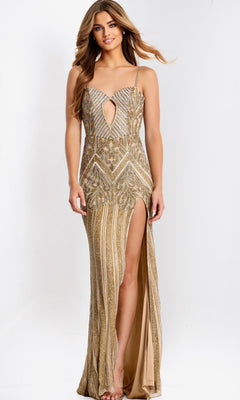A woman models the Jovani 49810 Long Prom Dress—a gold, floor-length sheath gown with geometric beading, sleeveless design, front cutout, and high leg slit—standing against a plain white background.