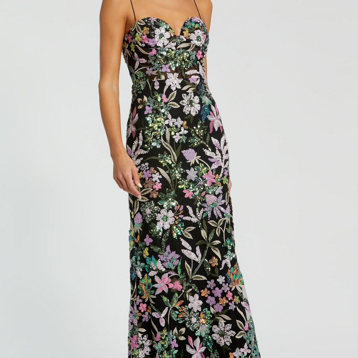 【MAC DUGGAL】ロングドレス ブラック 花柄 ケープ シースルー 49827-BlackMulti-