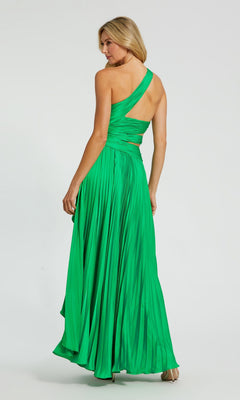 A woman in a vibrant green Mac Duggal 49837 High-Low Pleated Formal Dress stands facing away, looking over her shoulder.