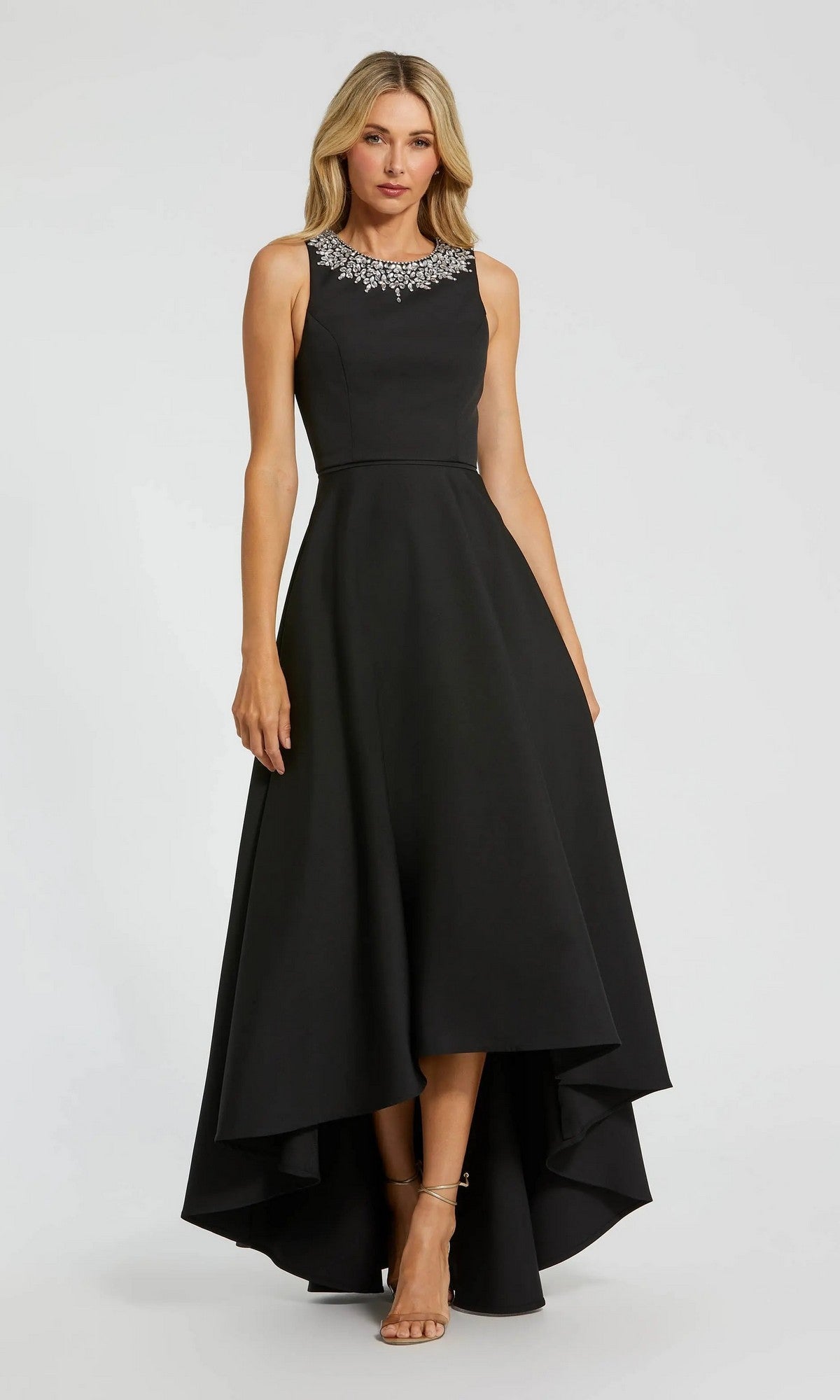 Black Crepe Embellished Neck High Low Gown