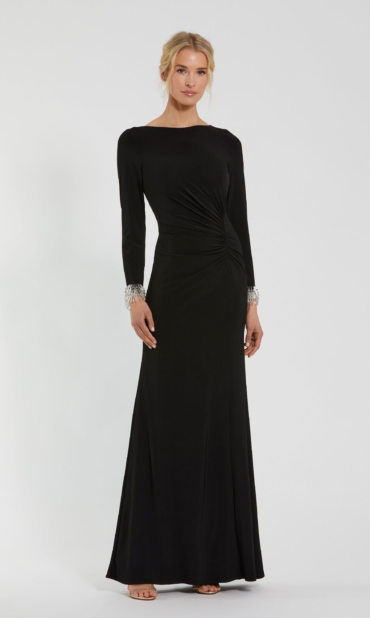 Long Sleeve Long Black Formal Dress with Fringed Cuffs
