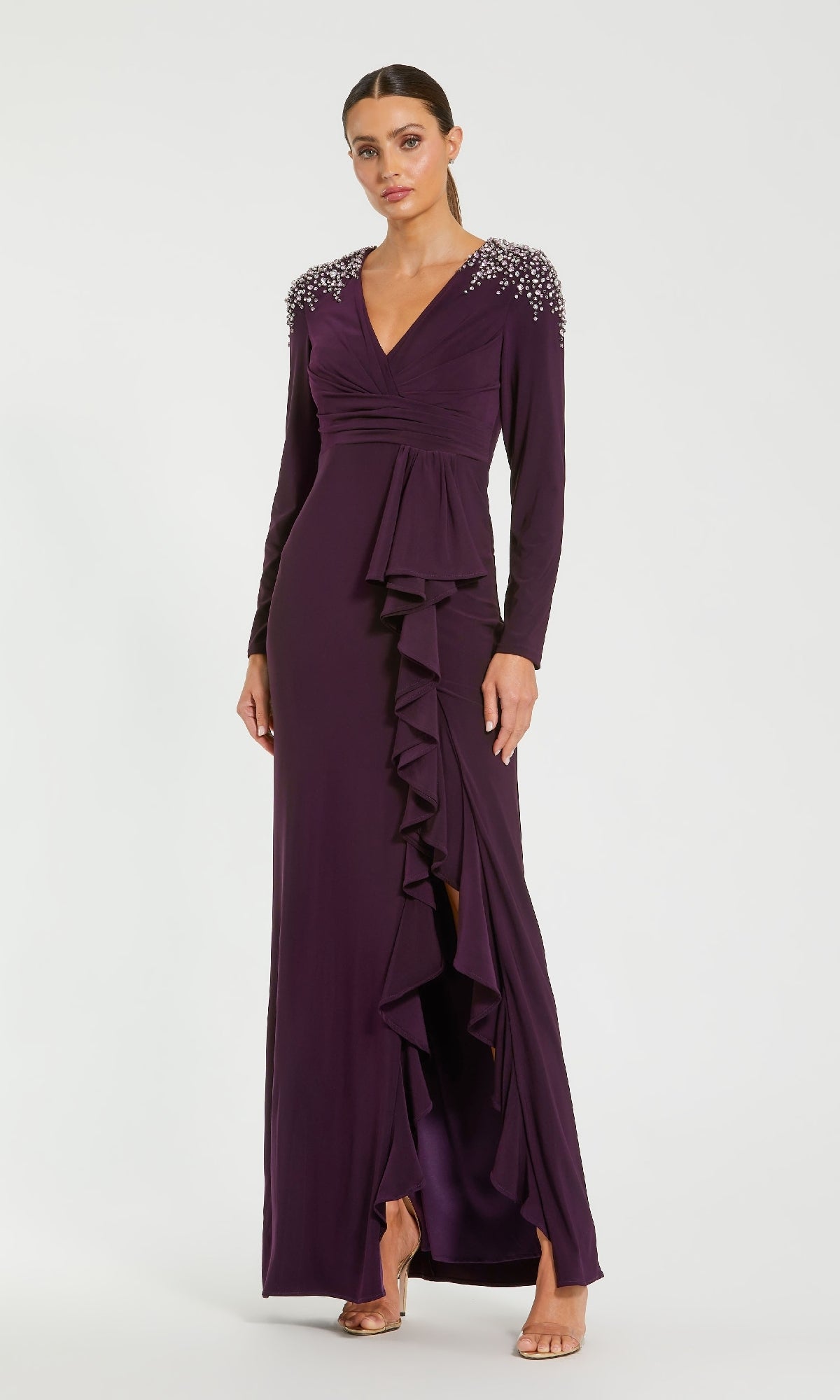 Ieena for Mac Duggal - Purple Long Sleeve Gown with Cascading Ruffle \u0026 Rhinestone Shoulders - Amethyst / M Beaded Dark Purple Formal Dress with Long Sleeves