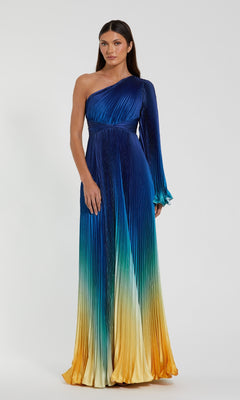 A woman models the Mac Duggal 49903 One-Shoulder Ombre Formal Dress, featuring a blue-to-yellow gradient and elegant pleats, against a plain white background.