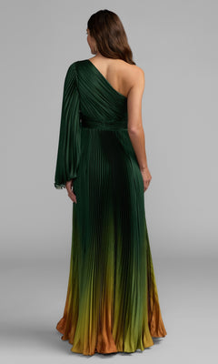 A woman faces away, elegantly dressed in the Mac Duggal 49903 One-Shoulder Ombre Formal Dress. The graceful pleated design showcases a stunning green, yellow, and orange gradient, and its sophisticated silhouette highlights the signature refinement of Mac Duggal eveningwear.