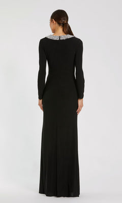 Ieena for Mac Duggal - Black Jersey Long Sleeve Fitted Gown With Beaded Neck - Black / M Ieena for Mac Duggal - Black Jersey Long Sleeve Fitted Gown With Beaded Neck - Black / M