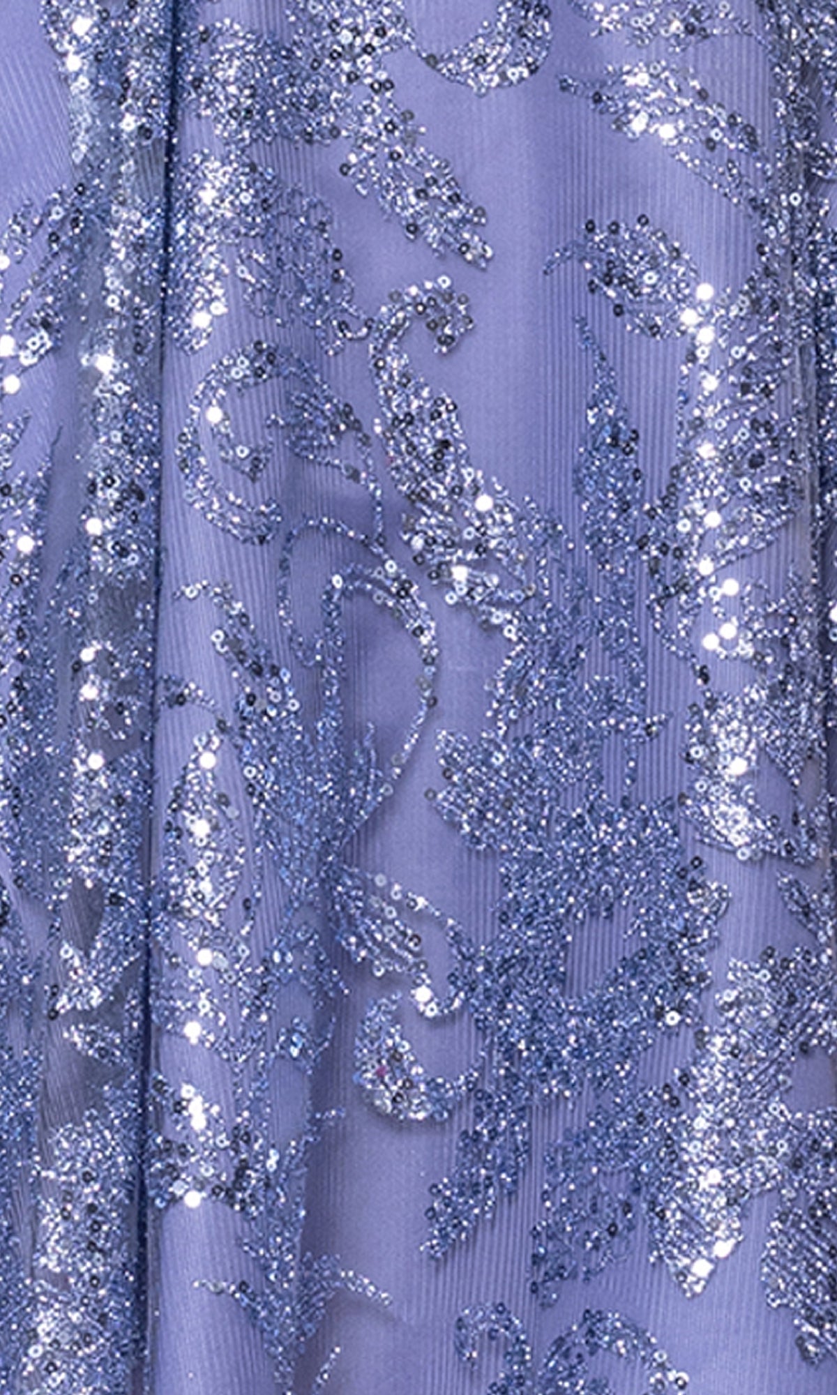 Close-up of the Mini Glitter Hoco Dress: Blondie Nites 5001BN-1, featuring lilac fabric adorned with intricate silver sequins and glitter for a shimmering, textured look—perfect for a sparkling junior party or cocktail dress.