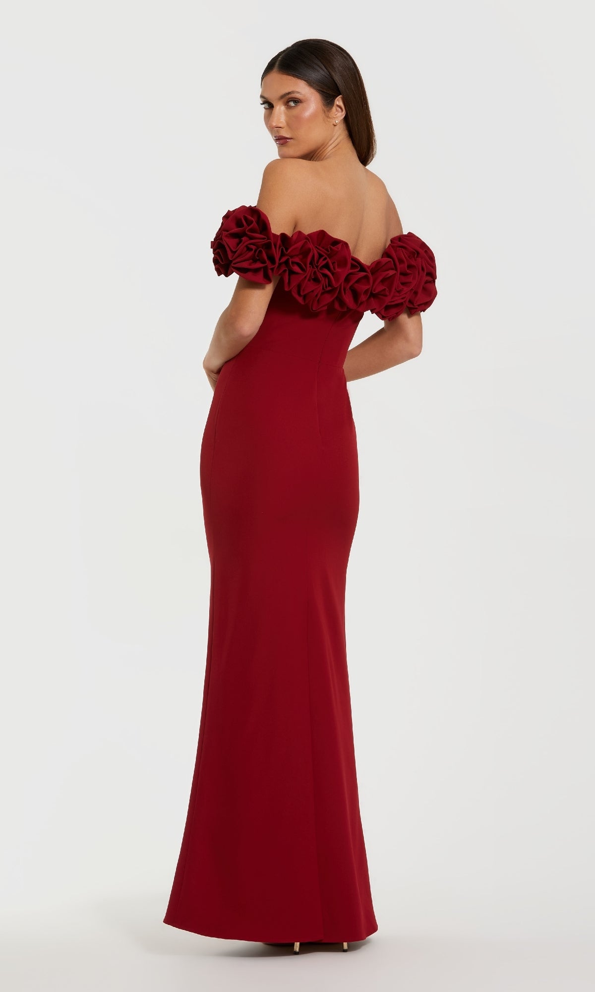 Mac Duggal Crepe Off-The-Shoulder Column Gown With 3D Roses - Ruby Mac Duggal Crepe Off-The-Shoulder Column Gown With 3D Roses - Ruby